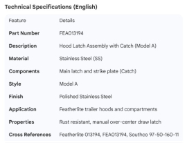 FEATHERLITE LATCH HOOD MODEL A W/CATCH SS