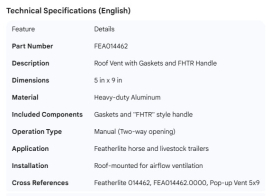 FEATHERLITE VENT ROOF 5 X 9 ALUM W/GASKETS FHTR HANDLE