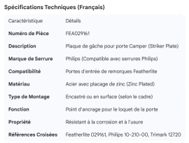 FEATHERLITE PLATE STRICKER DOOR CAMPER PHILIPS