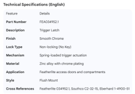 FEATHERLITE LATCH TRIGGER NO KEY CHROME SMOOTH