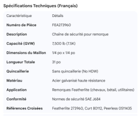 FEATHERLITE SAFETY CHAIN 7.5K GVW 1/4 X 1/4 NO HDW 31"