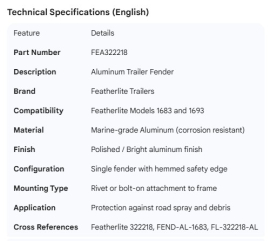 FEATHERLITE ALUMINUM FENDER FOR MODEL 1683 & 1693
