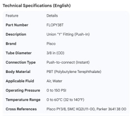 PISCO PUSH-IN FITTING 3/8" TUBE UNION "Y"
