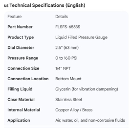 AIR GAUGE LIQUID FILLED 2.5" 160PSI 1/4NPT BOTTOM
