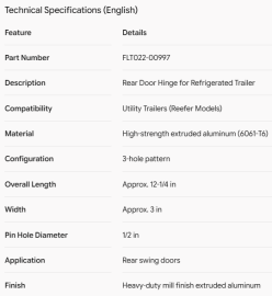 UTLITY DOOR HINGE ALUMINUM REEFER