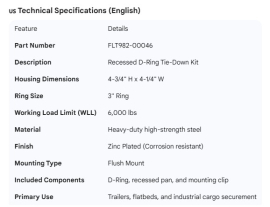 D-RING KIT 4-3/4"H X 4-1/4"W, 3" RING CLIP,6K LB WL
