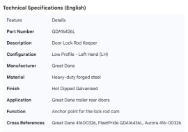GREAT-DANE DOOR ROD KEEPER LOW PRO LH