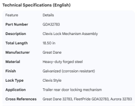GREAT-DANE CLEVIS LOCK MECH ASSY. 18.50"