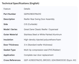 GREAT-DANE REEFER DOOR ASSEMBLY C/S (BRO001)