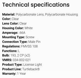 GROTE TURTLEBACK II LICENCE LIGHT