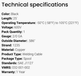 GROTE BATTERY CABLE 2/0 (25')