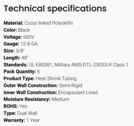 GROTE SHRINK TUBE DUAL WALL BLACK 3/8" X 3" (CUT)