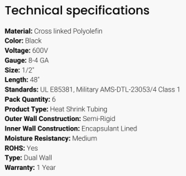 GROTE SHRINK TUBE DUAL WALL BLACK 1/2" X 6"