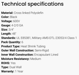 GROTE SHRINK TUBE DUAL WALL BLACK 3/4" X 6"