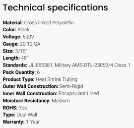 GROTE SHRINK TUBE DUAL WALL BLACK 3/16" X 2" (CUT)