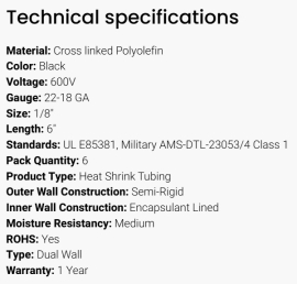 GROTE SHRINK TUBE DUAL WALL BLACK 1/8" X 2" (CUT)