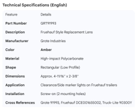 GROTE FRUEHAUF REPLACEMENT LENS AMBER