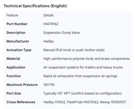 HADLEY SUSPENSION DUMP VALVE