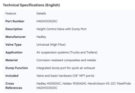 HADLEY SUSPENSION HEIGHT CONTROL VALVE DUMP PORT