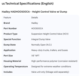 HADLEY SUSPENSION HEIGHT CONTROL VALVE W/DUMP