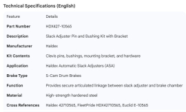 HALDEX SLACK ADJUSTER PIN AND BUSHING KIT W/BRACKET