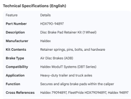 HALDEX DISC BRAKE PAD RETAINER KIT (1 WHEEL)