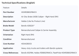HALDEX ADB22X CALIPER RH REMAN LIKE NU / CORE HDXADB003