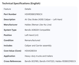 HALDEX ADB22X CALIPER LH REMAN LIKE NU / CORE HDXADB004