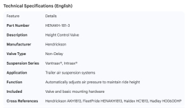 HENDRICKSON HEIGHT CONTROL VALVE NON DELAY VANTRAAX