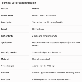 HENDRICKSON SHOCK ABSORBER BOLT KIT