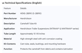 HENDRICKSON CAMSHAFT TUBE KIT