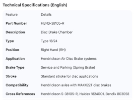 HENDRICKSON DISC BRAKE CHAMBER TYPE 18/24 RH