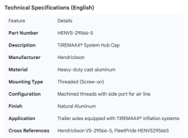 HENDRICKSON TIREMAAX HUB CAP