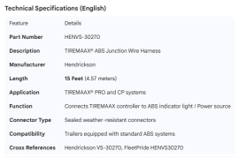 HENDRICKSON TIREMAAX ABS JUNCTION WIRE HARNESS 15'