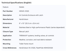 HENDRICKSON AIR CONTROLS ENCLOSURE W/LATCH 8"X10"