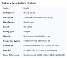 HENDRICKSON TIREMAAX HOSE ASSY STRAIGHT 11.3"