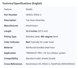 HENDRICKSON TIRE HOSE ASSY RED STEEL 180DEG 12.5"