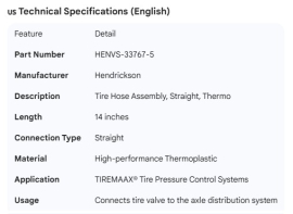 HENDRICKSON TIRE HOSE ASSY STRAIGHT THERMO 14"