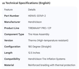 HENDRICKSON TIREMAAX TIRE HOSE ASSY THERMO 180DEG 12.5"