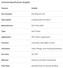 SAF LEVELING VALVE HCV KIT NON DUMP