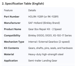 BINKLEY GEAR BOX REPAIR KIT 2 SPEED 51000