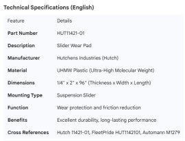 HUTCH SLIDER WEAR PAD 1/4"X2"X96"