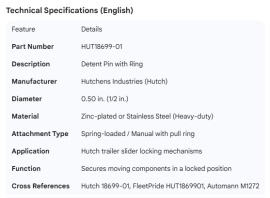 HUTCH DETENT PIN W/RING, 0.50 DIA