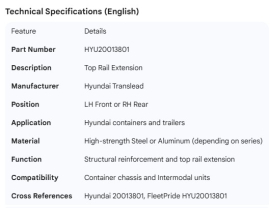 HYUNDAI TOP RAIL EXTENSION LH FRONT RH REAR CONTAINER