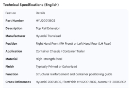 HYUNDAI TOP RAIL EXTENSION RH FRONT LH REAR CONTAINER