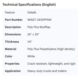 MUDFLAP 24" X 30" X 1/4" WHITE POLY PLUS
