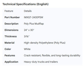 MUDFLAP 24" X 30" X 3/16" WHITE POLY PLUS