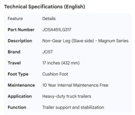 JOST NON-GEAR LEG MAG 10 YR IN MNT CUSH FT 17"TRVL