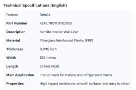 KEMLITE LINER .090" X 102" X 53'