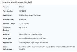 KINEDYNE TARP STRAP RUBBER TIE DOWN 10"